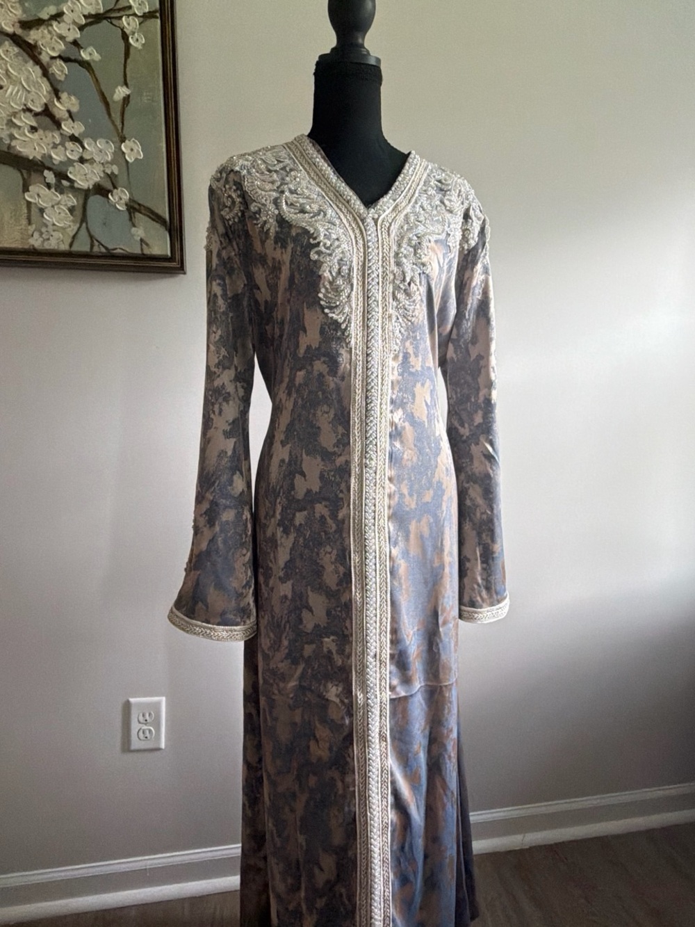 Embroidered Long Caftan Dress in Taupe and Slate Blue - Brand